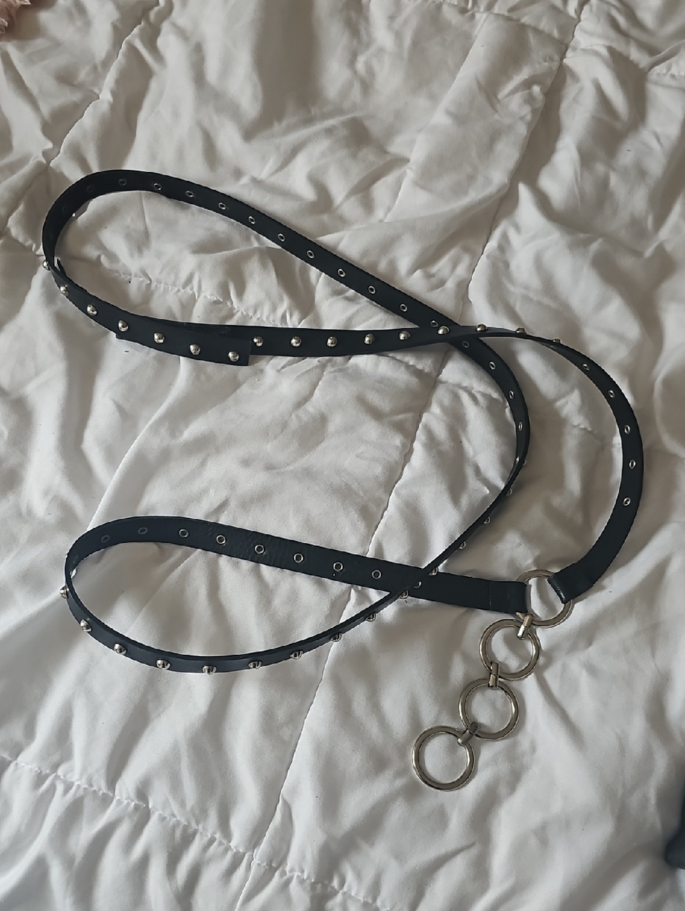 Studded Black Leather Double Strap Belt with Silver Ring Detail